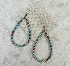 Copper Navajo Pearl With Blue Turquoise Beads Teardrop Hoop Earrings
