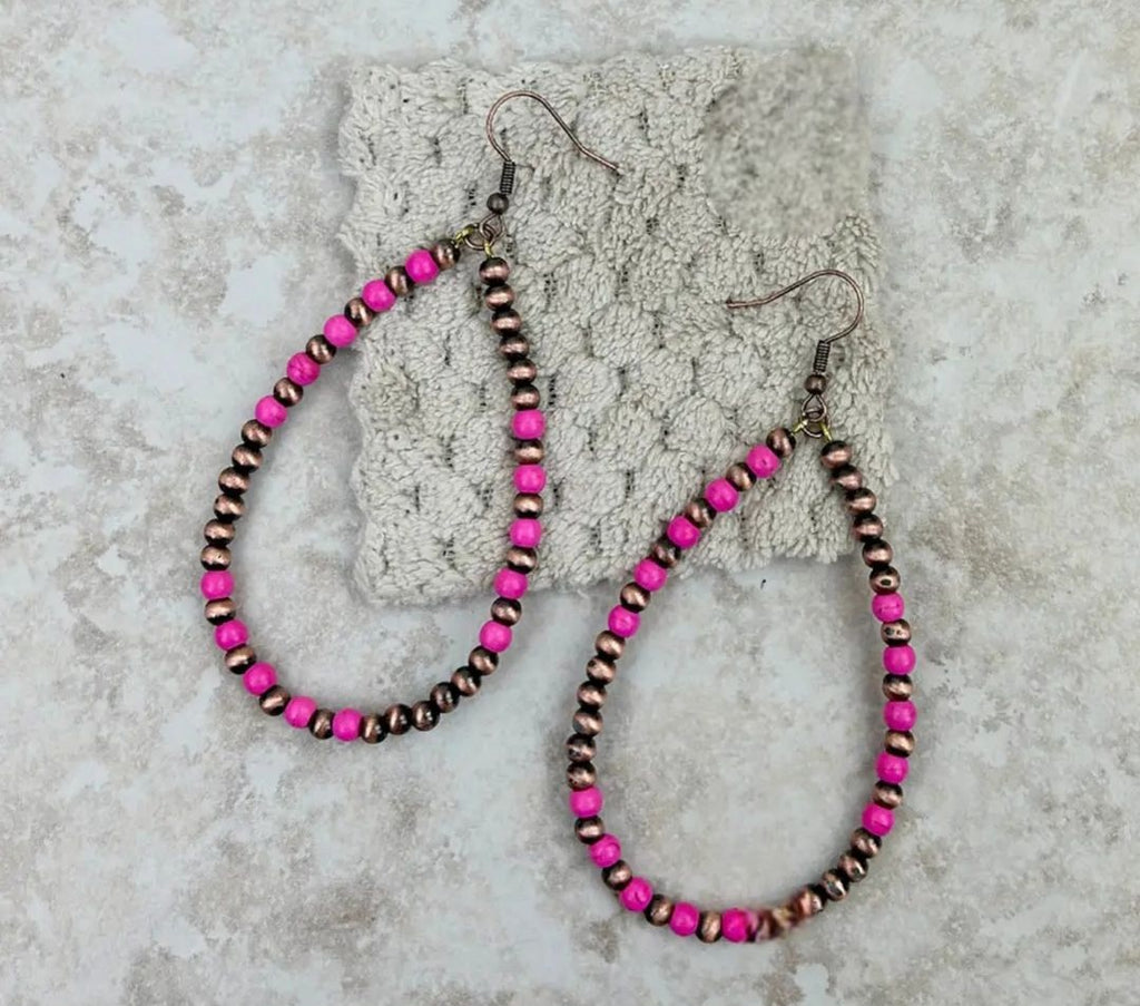 Copper Navajo Pearl With Hot Pink Stone Beads Teardrop Hoop Earrings