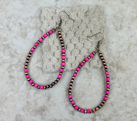 Copper Navajo Pearl With Hot Pink Stone Beads Teardrop Hoop Earrings