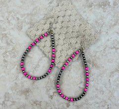 Silver Navajo Pearl With Hot Pink Stone Beads Teardrop Hoop Earrings