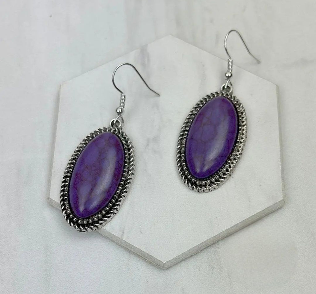 Silver Metal With Oval Purple Stone Earrings