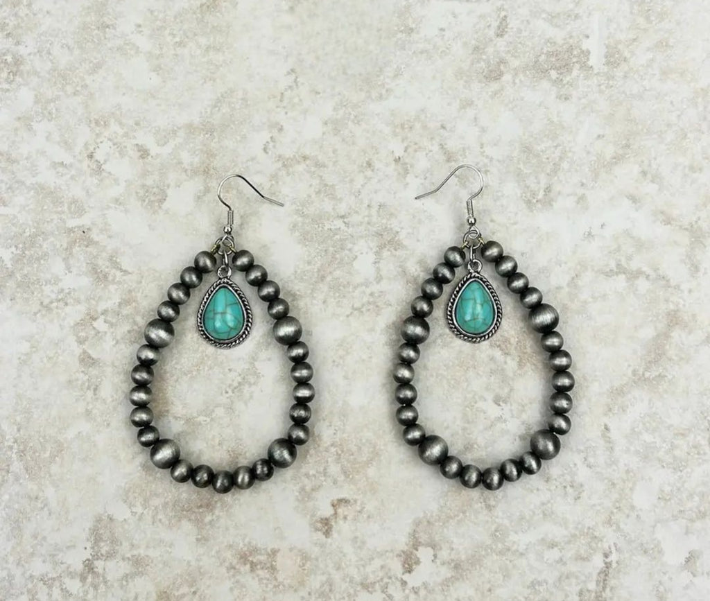 Navajo Pearl With Blue Turquoise Teardrop Earrings