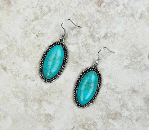 Silver With Blue Turquoise Stone Oval Earrings