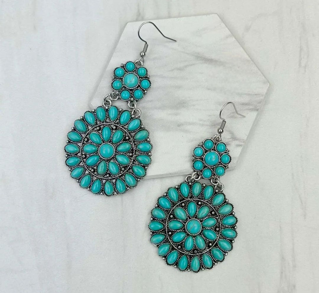 Silver Metal With Blue Turquoise Stone Flower Concho Earrings