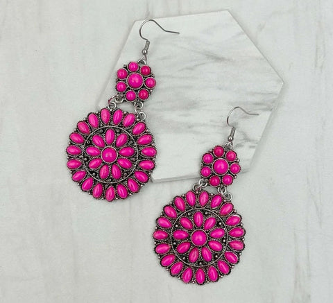 Silver Metal With Hot Pink Stone Flower Concho Earrings