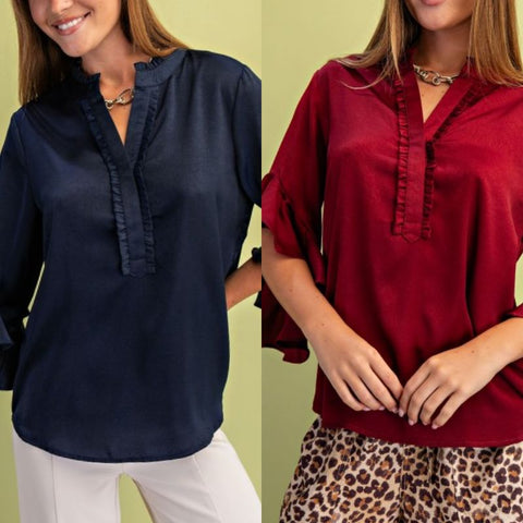 Satin Ruffled Bell Sleeve Top