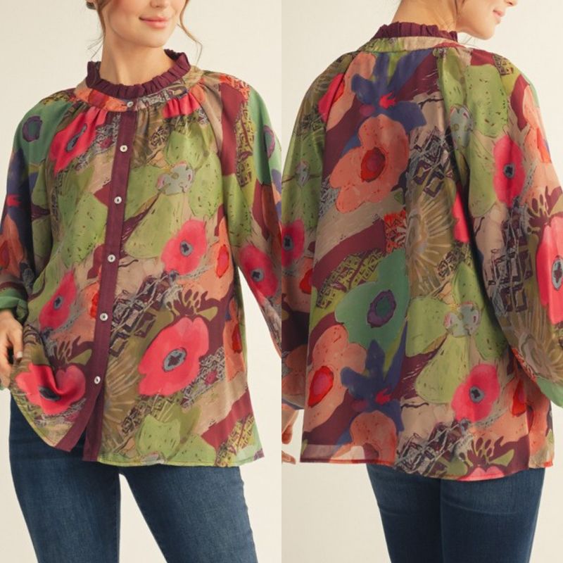 Button Down Floral Chiffon Top