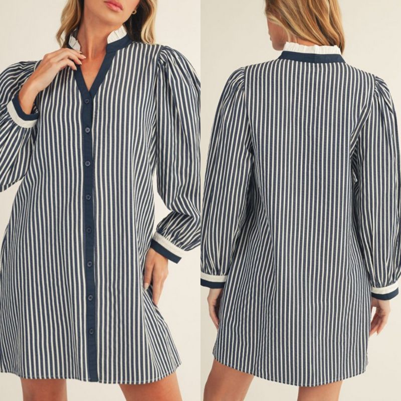 Ruffled Neckline Button Down Stripe Dress