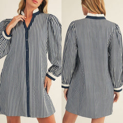 Ruffled Neckline Button Down Stripe Dress