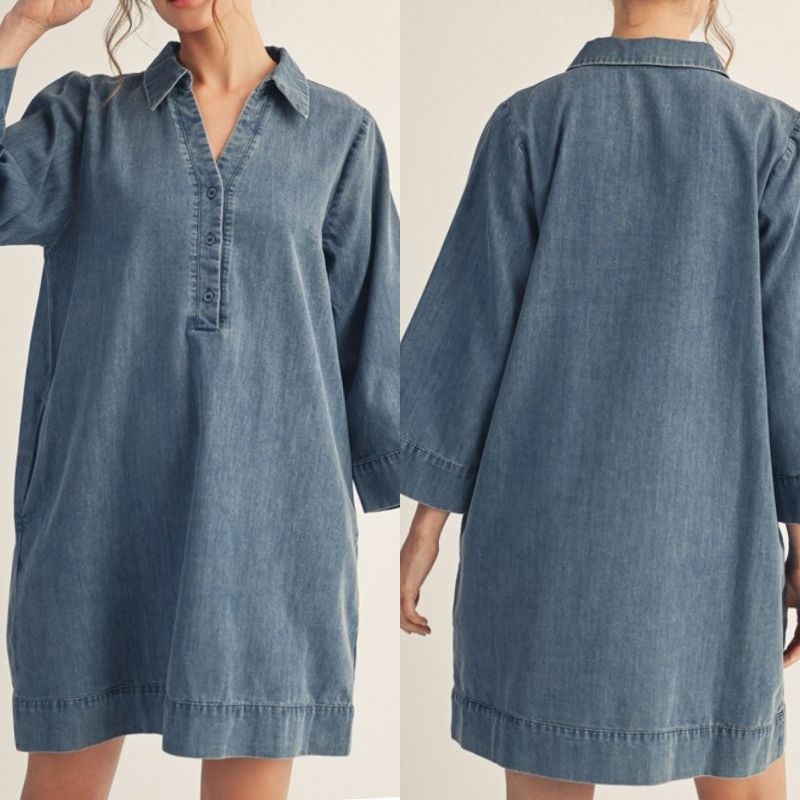 Front Button Up Washed Denim Dress