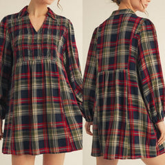 Front Smocking Plaid Babydoll Dress