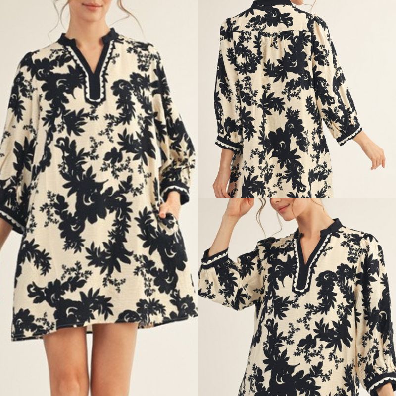 Lace Trim Detail Floral Shift Dress