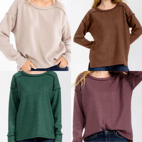 Soft Brushed Metallic Glitter Accents Pullover Top