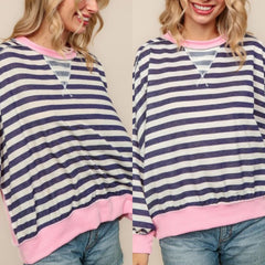 Crew Neck Stripe Pullover Knit Top