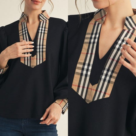 Plaid Contrast Mock Neck Solid Top