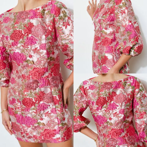 Metallic Floral Jacquard 3/4 Puff Mini Dress