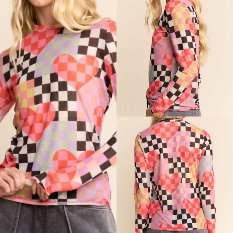 Checkered Heart Mesh Long Sleeve Top