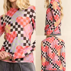 Checkered Heart Mesh Long Sleeve Top