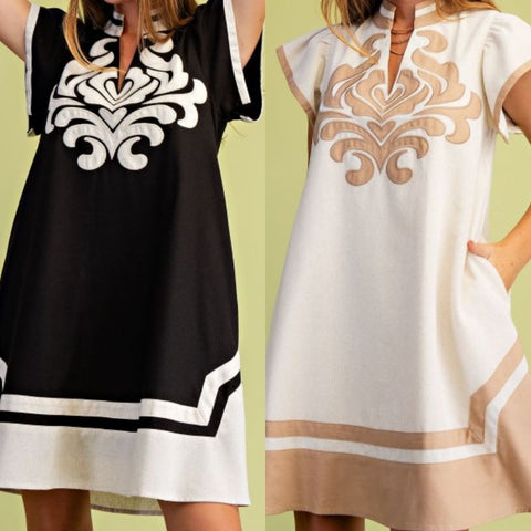 Linen V-Neck Dress With Embroidered Design