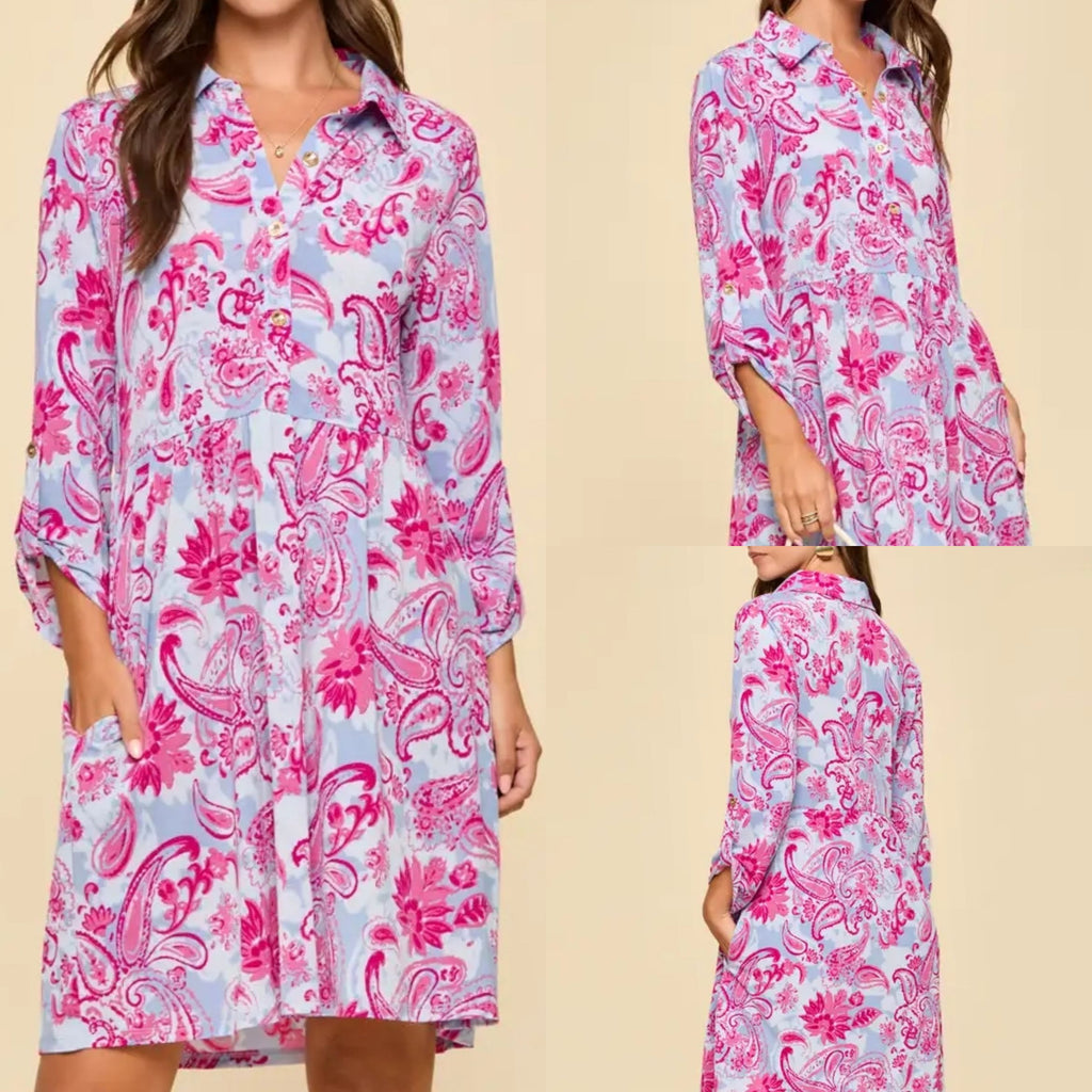 Paisley Printed Collared Dress With Pockets