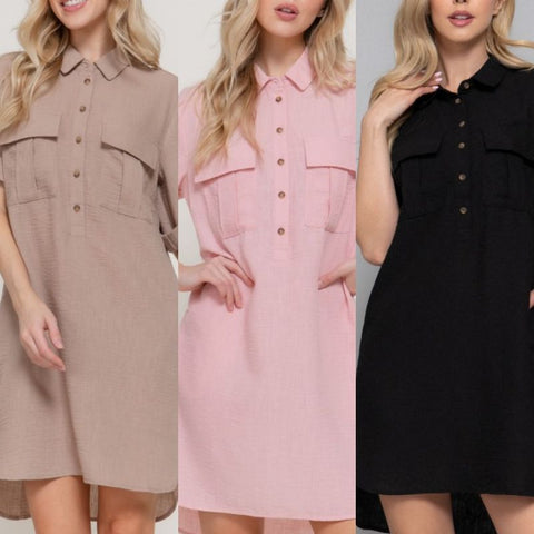 Linen Dress With Roll Up Short Sleeve
