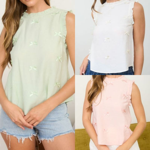 Ribbon Bow Pattern Ruffle Trim Sleeveless Top