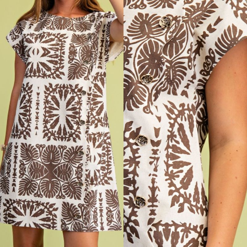 Printed Round Neck Dress With Decorative Buttons