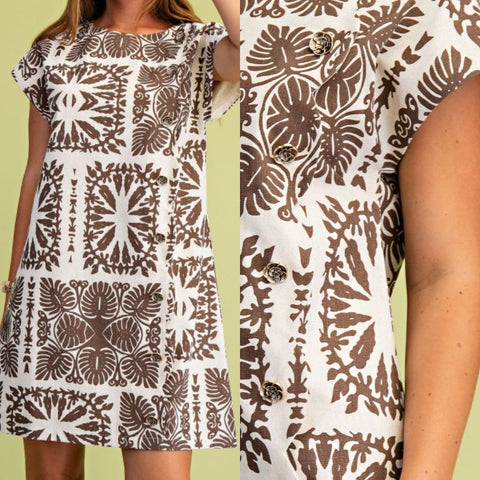Printed Round Neck Dress With Decorative Buttons