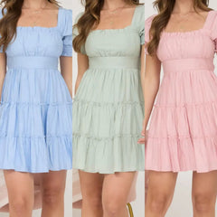 Square Neck Ruffle Detail Tiered Mini Dress