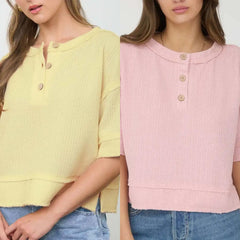 Raw Edge Henley Short Sleeve Waffle Knit Top