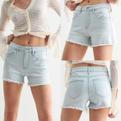 High-Rise Raw Hem Denim Shorts