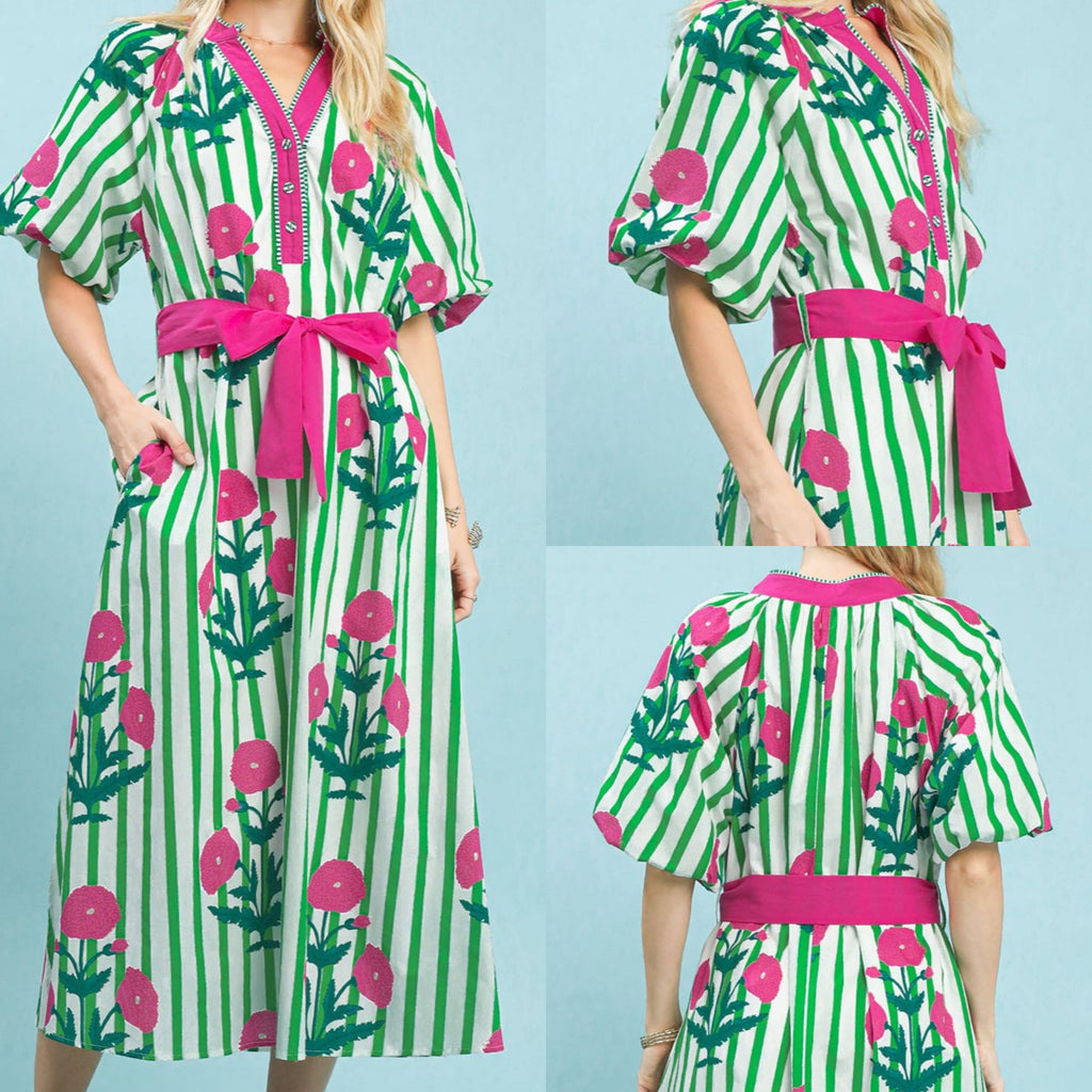 Striped Floral Maxi Dress With Waist Tie