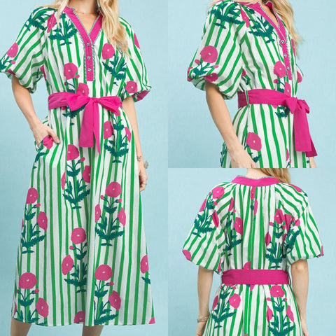Striped Floral Maxi Dress With Waist Tie
