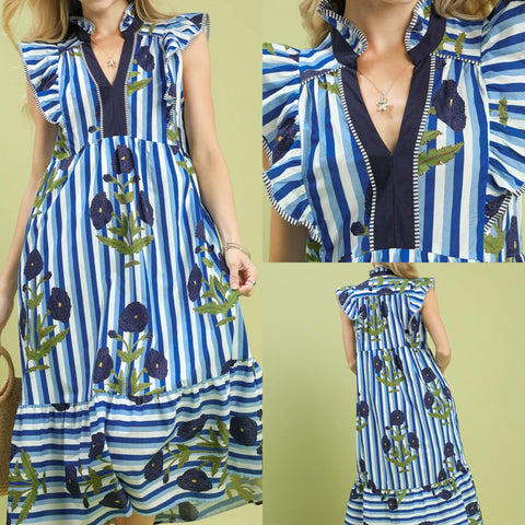 Mix Striped Floral Midi Dress