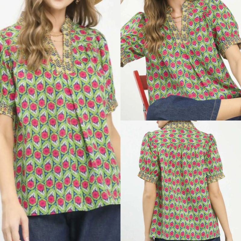 Mix Boho Puff Sleeve Split Neck Top