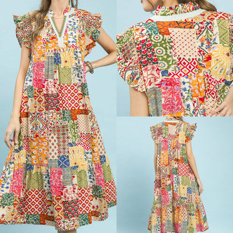 Mix Patchwork Print Ruffle Sleeve Tiered Midi Dress