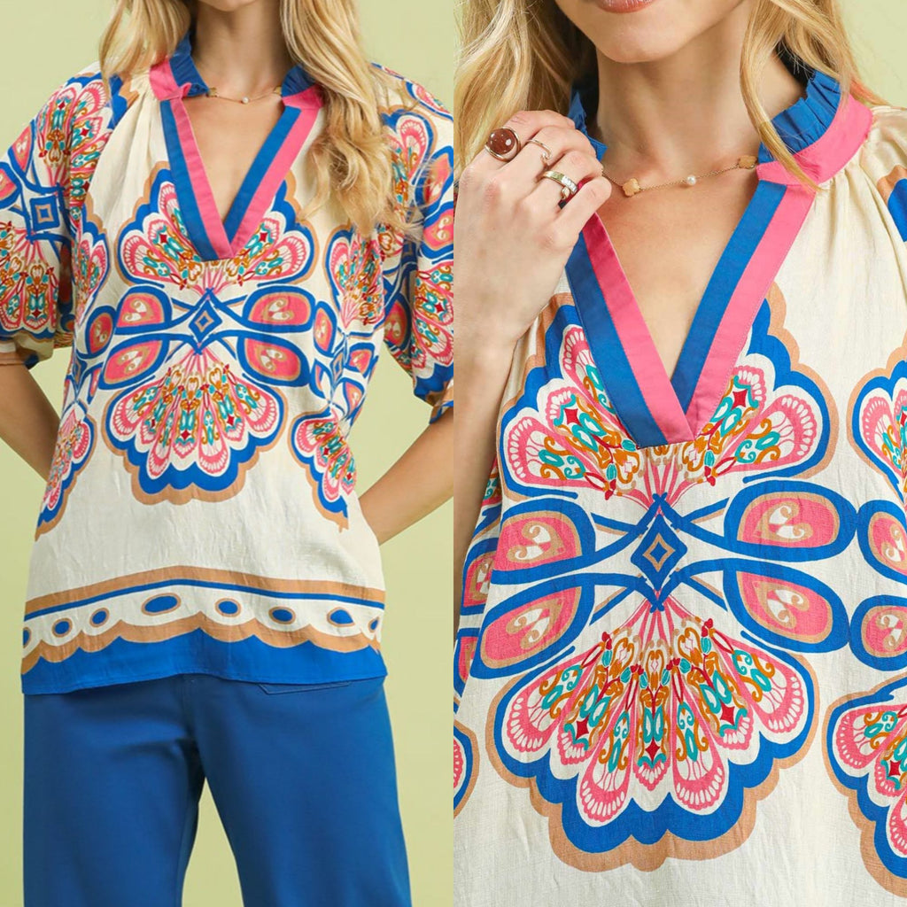 Mix Boho Print V-Neck Top