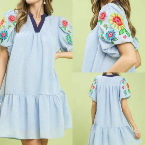 Embroidered Puff Sleeve Tiered Mini Dress