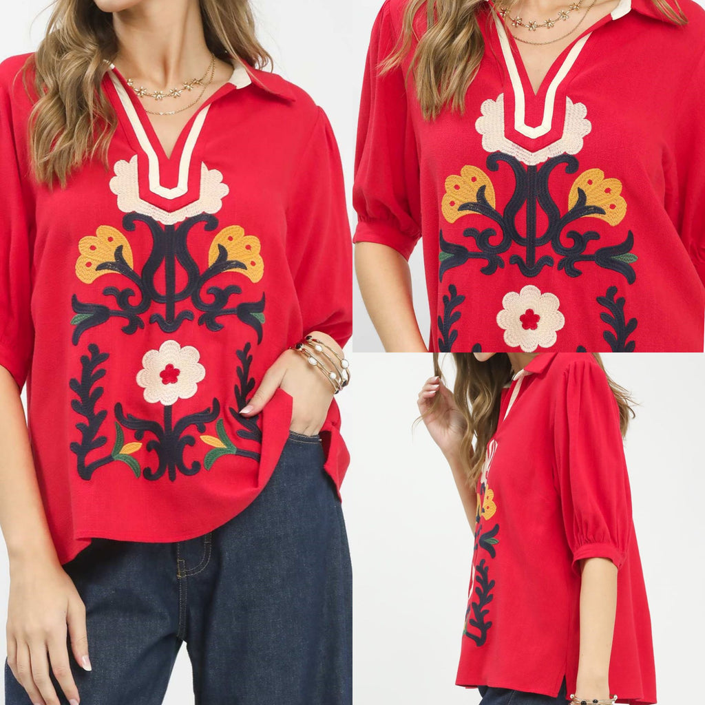 Mixed Media V-Neck Print Top