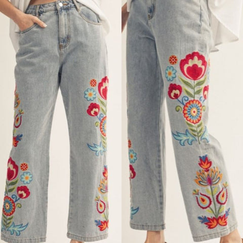 Embroidered Washed Denim Pants