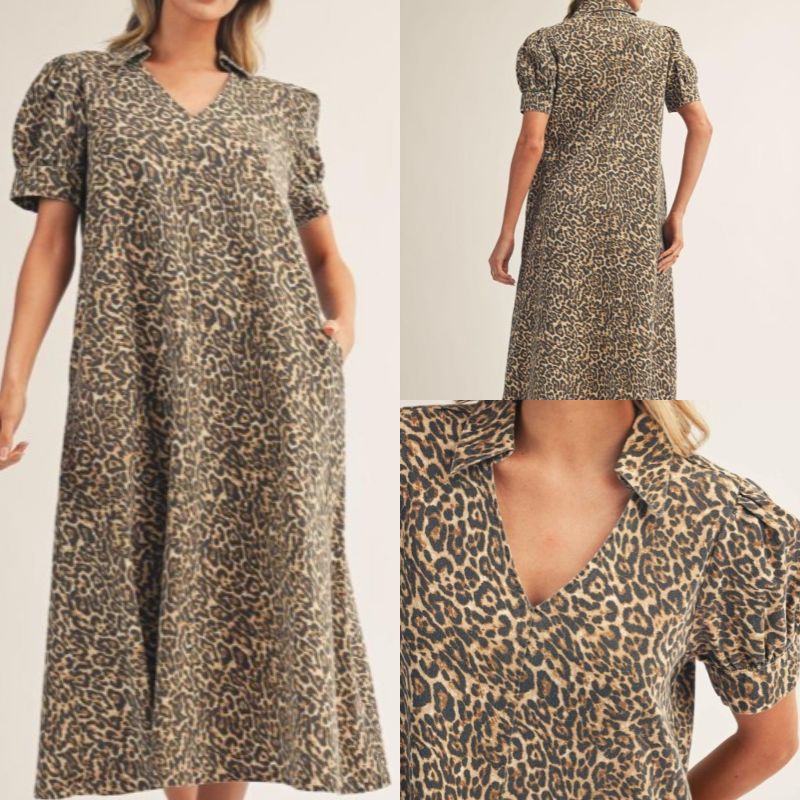 Leopard Print Woven Midi Dress