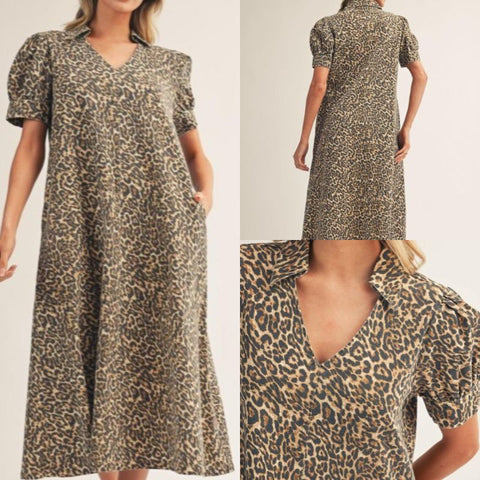 Leopard Print Woven Midi Dress