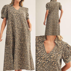 Leopard Print Woven Midi Dress