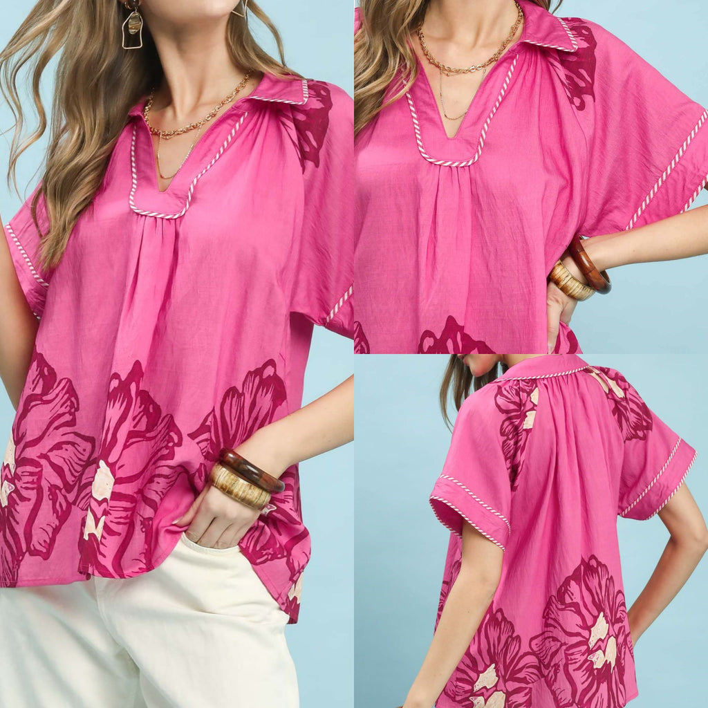 Floral Split-Neck Short Sleeve Top