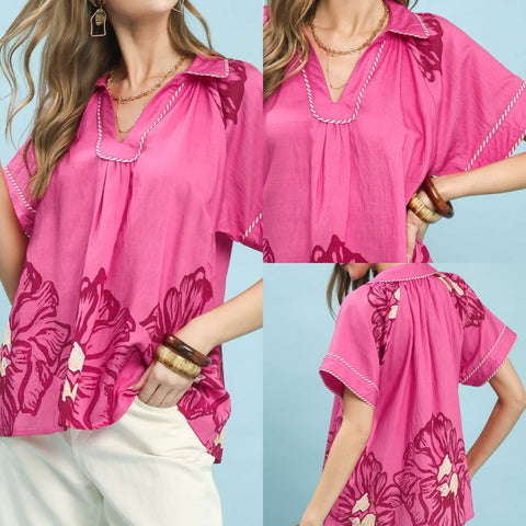 Floral Split-Neck Short Sleeve Top