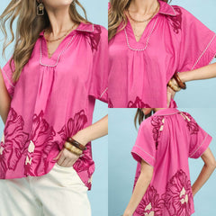 Floral Split-Neck Short Sleeve Top