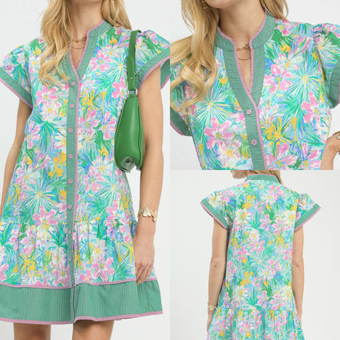 Tropical Floral Button Front Tiered Dress