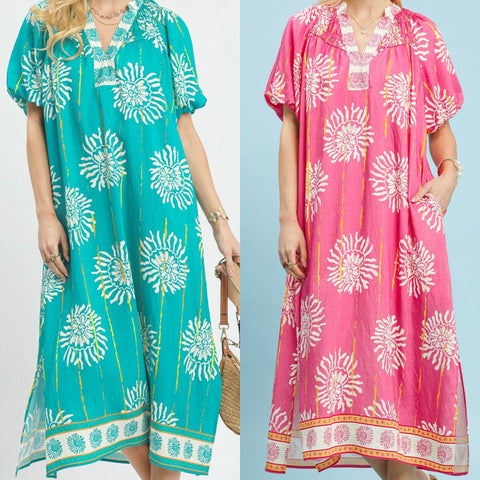 Collar Smocked V-Neck Midi Dress