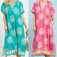 Collar Smocked V-Neck Midi Dress