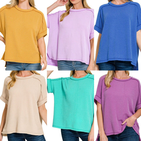 Raised Rib Cuff Sleeve Raw Edge Top